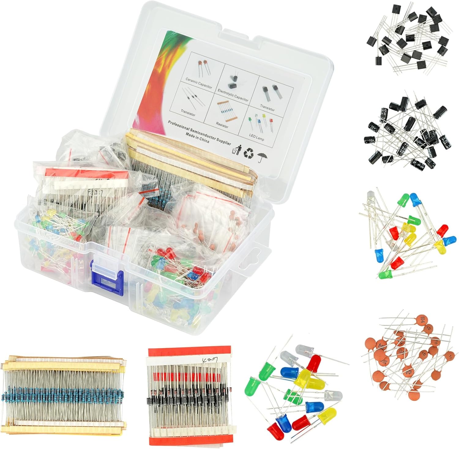 1500Pcs Electronic Component Kit Metal Film Resistor Transistor Component Electrolytic Capacitor Ceramic Capacitor Diode LED Diode Compatible with for Arduino DIY Electronic Parts