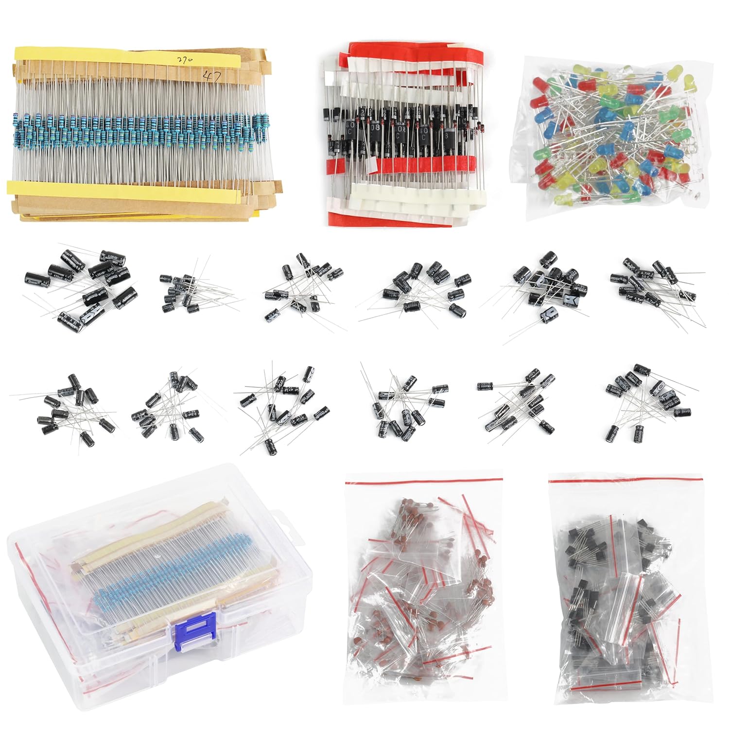 1400Pcs 6 Values Electronics Component Assortment Kit,Electrolytic Capacitor, LED Diode, Common Diode, Resistor, Ceramic Capacitor, Transistor Component for Arduino, Electronic DIY Project