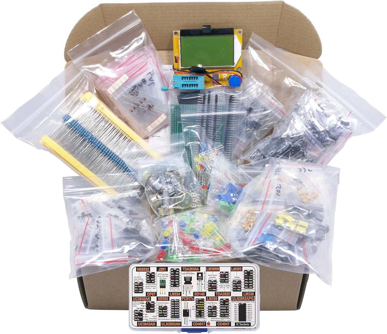 XL Electronic Component Kit Assortment, Capacitors, Resistors, LED, Transistors, Diodes, Zener, Potentiometers, Cutter, LCR-T4 Component Tester, IC Box, 1870 pcs
