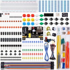 Electronics Component Fun Kit for Arduino with Power Supply Module, Jumper Wire,Precision Potentiometer,830 tie-Points Breadboard Compatible with STM32, for Raspberry Pi