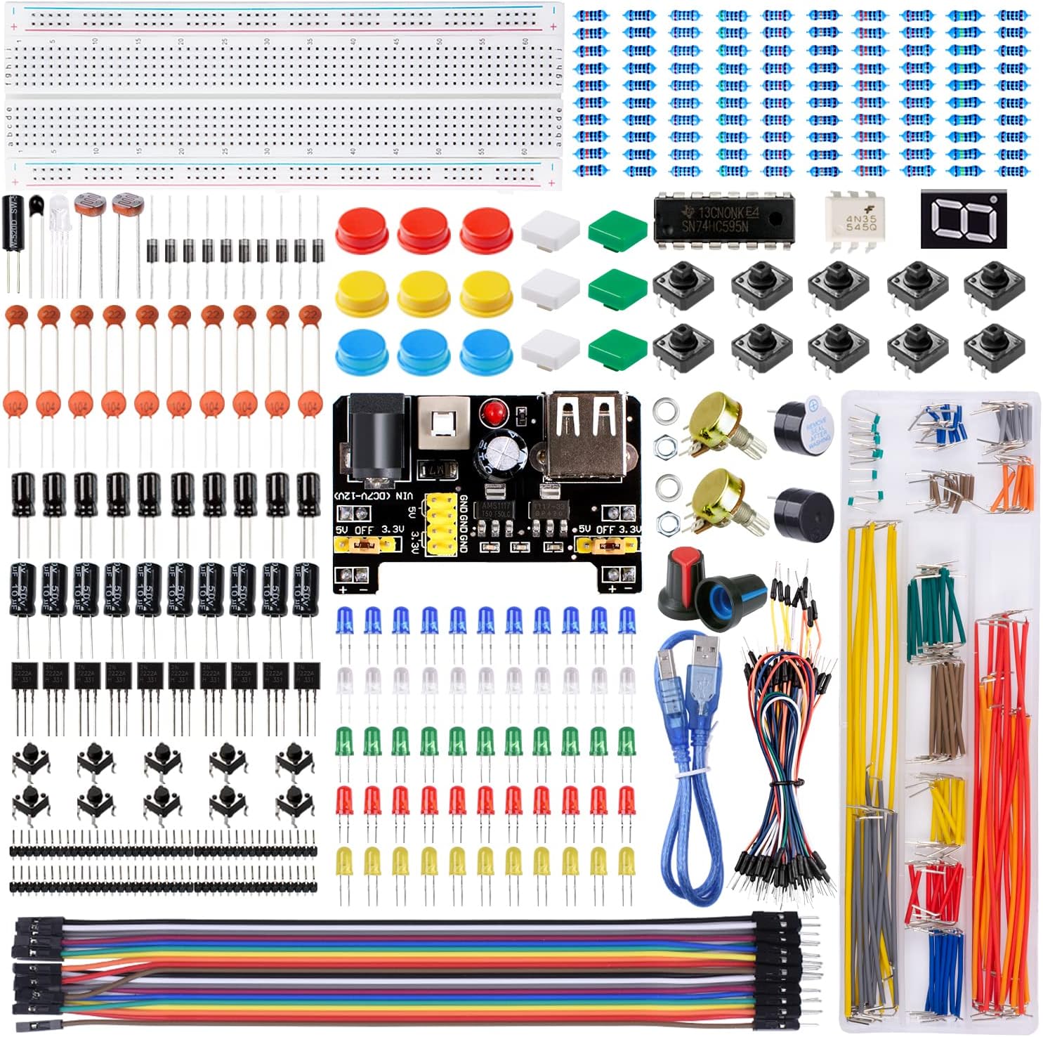 Electronics Component Fun Kit for Arduino with Power Supply Module, Jumper Wire,Precision Potentiometer,830 tie-Points Breadboard Compatible with STM32, for Raspberry Pi