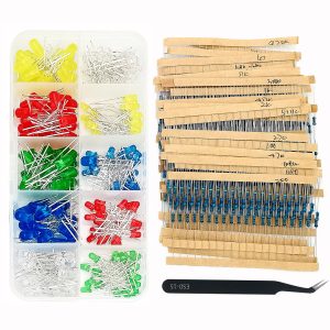 Led Resistor Kit 600Pcs 30 Values Resistor Kit 10 Ohm-1M Ohm with 1% 1/4W Carbon Film Resistors Assortment,200Pcs 5 Colors 3mm&5mm LED Light Emitting Diode,with Tweezer