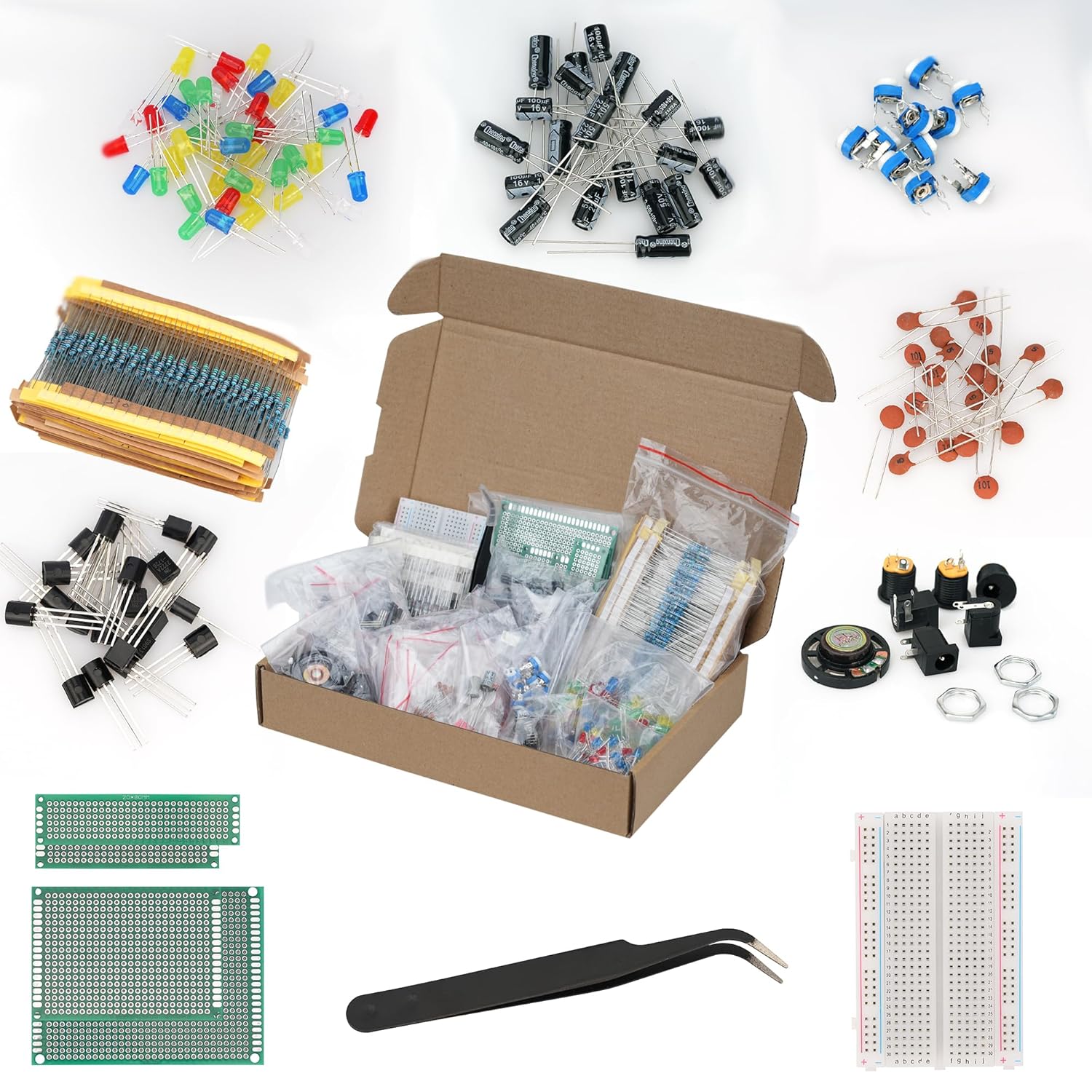 1935Pcs Electronic Component Kit Capacitors Resistors LEDs Diodes Transistors PCBs Speakers DC Jacks Operational Amplifiers Trimmers Compatible with for UNO R3