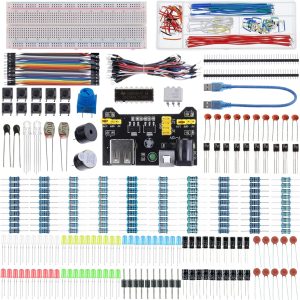 37 Values 480 Pcs Electronics Component Fun Kit with Power Supply Module, Jumper Wire,Precision Potentiometer,830 tie-Points Breadboard Compatible with STM32,Raspberry Pi,Arduino
