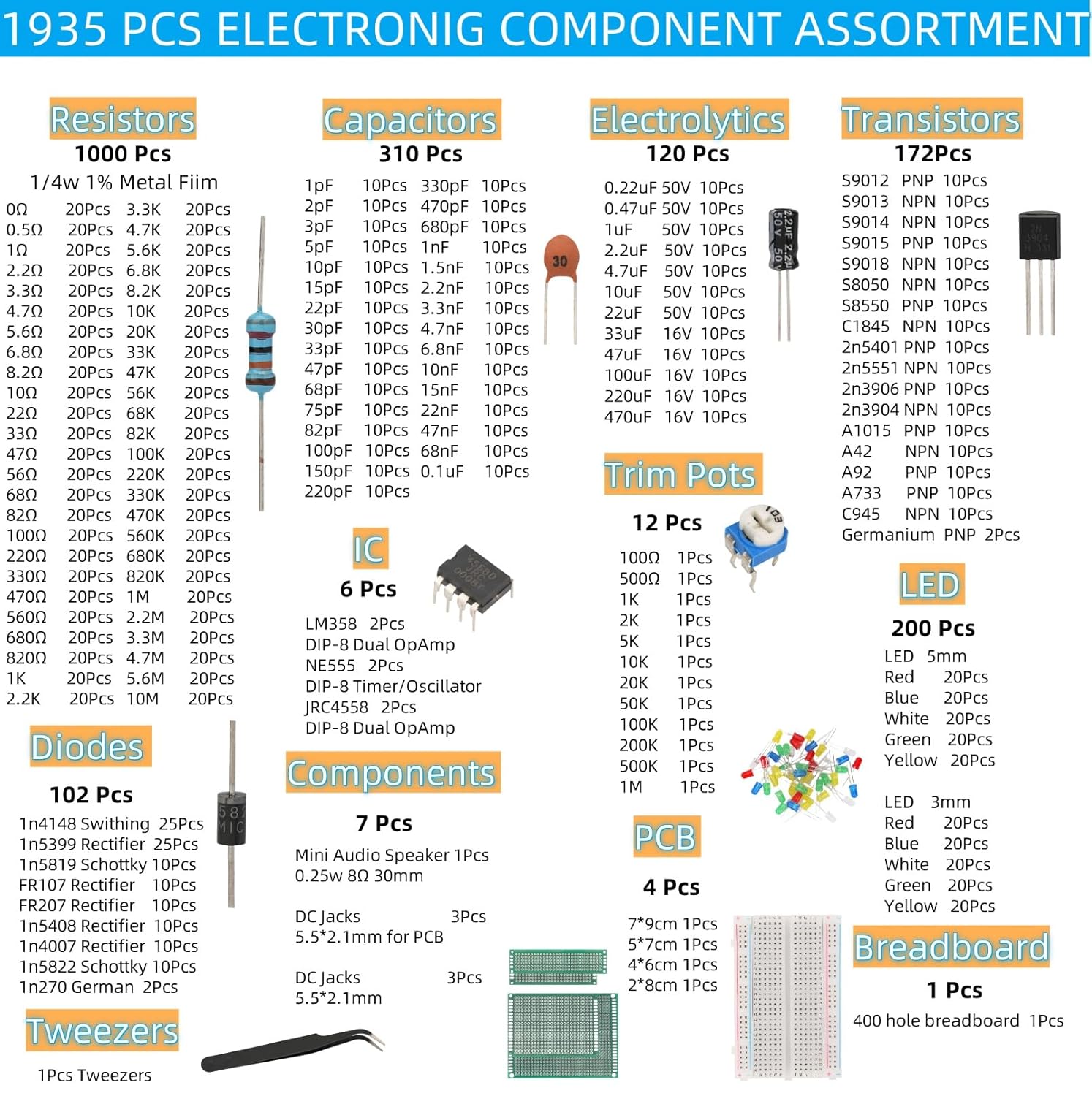 1935Pcs Electronic Component Kit Capacitors Resistors LEDs Diodes Transistors PCBs Speakers DC Jacks Operational Amplifiers Trimmers Compatible with for UNO R3 - Image 2